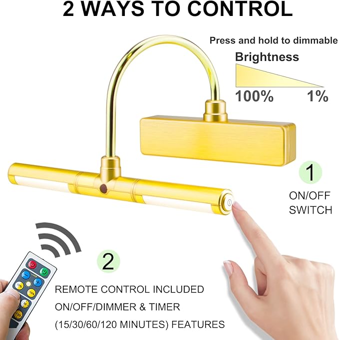 LUXSWAY Picture Light Battery Powered,Painting Light,3 Level Brightness Art Display Lights, 8.9 Inch Rotatable Lights Head Light up for Picture Portrait Artwork- Small
