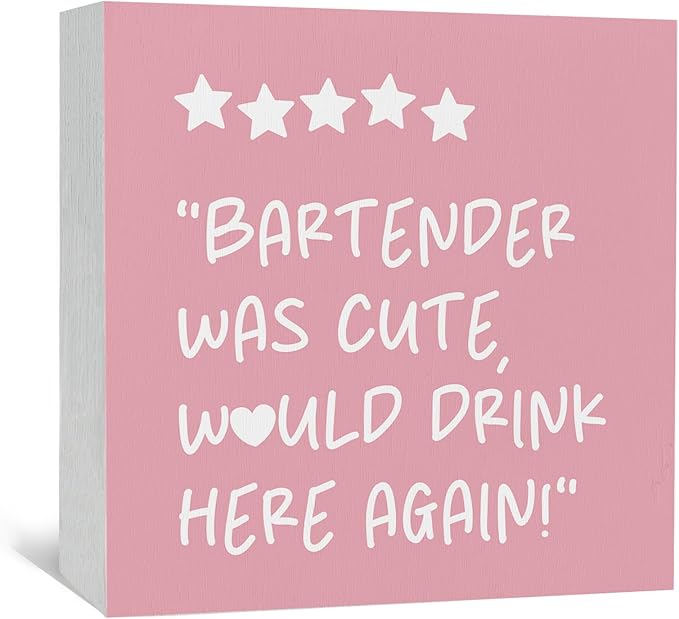 Pink Bar Cart Bartender Accessories Signs, Was Cute Would Drink Here Again Wooden Box Signs, Bar Decorations For Home, Pink Wood Sign Home Decor For Kitchen Desk Table Shelf 5x5 Inch