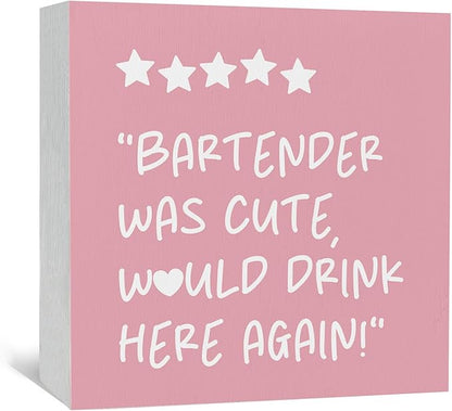 Pink Bar Cart Bartender Accessories Signs, Was Cute Would Drink Here Again Wooden Box Signs, Bar Decorations For Home, Pink Wood Sign Home Decor For Kitchen Desk Table Shelf 5x5 Inch