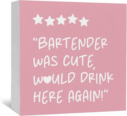 Pink Bar Cart Bartender Accessories Signs, Was Cute Would Drink Here Again Wooden Box Signs, Bar Decorations For Home, Pink Wood Sign Home Decor For Kitchen Desk Table Shelf 5x5 Inch