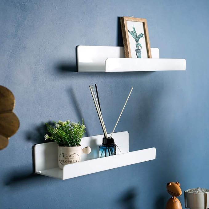 IEEK 6 PCS White Acrylic Floating Shelves Display Ledge,Wall Mounted Nursery Kids Bookshelf,15 Inch Bathroom Wall Shelf and Storage Rack,5mm Thick U Shelf