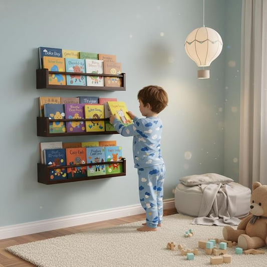 Deep Walnut Nursery Floating Shelves Set of 3– Wall Mounted Kids Bookshelf & Toy Organizer – 16 Inch Rustic Pine Hanging Display Book Shelves for Bedroom, Playroom, and Baby Decor
