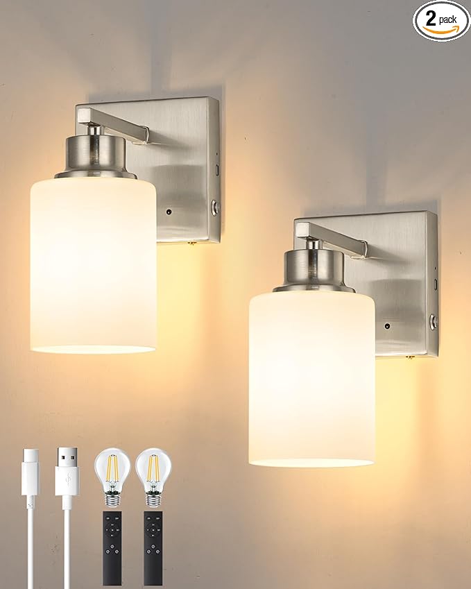 Wireless Wall Sconces, Nickel Battery Operated Wall Sconce Set of 2 with Timer Function, Easy Install Dimmable Rechargeable Wall Lamps for Living Room, Bedroom, Hallway, Entryway Decor 3000K