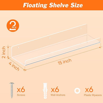 2 Pack Floating Shelves for Wall, 15" Clear Book Shelf, Acrylic Floating Wall Shelf, Display Shelves Organizer for Bathroom, Classroom, Bedroom, Living Room, Kitchen, Room Decor