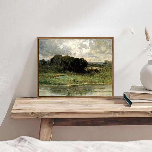OIQArtOIQ Framed Vintage Landscape Wall Art Lake Natural Scenery Oil Painting Canvas Prints Country Farmhouse Decor Aesthetic Pictures for Kitchen Bedroom Living Room Bathroom