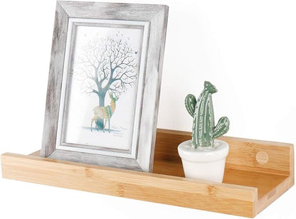 Natural Bamboo Floating Shelves Rustic Wood Wall Shelves Wooden Wall Storage Organizer Home Decor Living Room Kitchen Bedroom (Natural, 13.8 in)