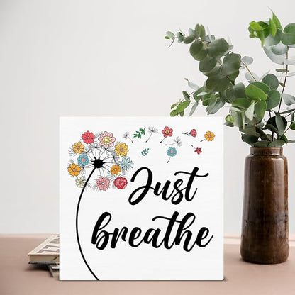 Inspirational Desk Decor - Spring Decorations for Home - Just Breathe Dandelion Wood Sign Home Office Desk Shelf Table Tabletop Decor 5×5 Inches