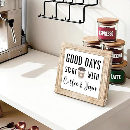 Coffee Sign Decor for Coffees Bar Good Days Start with Coffee & Jesus Wood Farmhouse Wall Sign Inspirational Cafe Bar Decor for Kitchen Home Office Ideal Gift To Christian Coffees Lover 5.9x5.9 Inch