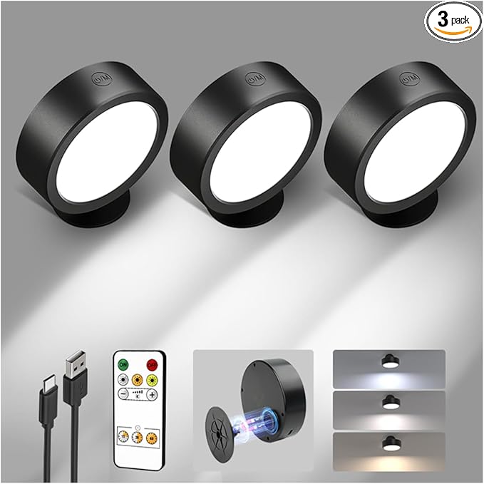 EZVALO LED Wall Mounted Light, 3000mAh Rechargeable Cordless Wall Sconce, Dimmable with Remote & Touch Control, 3 Color Temps, 360° Rotatable for Bedroom, Bedside, Reading(Black, 3Pack)