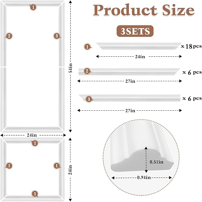 3 Set Peel and Stick Wall Molding Kit,Pre-Cut Wall Panels for Interior Wall Decor,Premade Wainscoting Panels Peel and Stick,Accent Wall Panel for Living Room Bedroom Decor