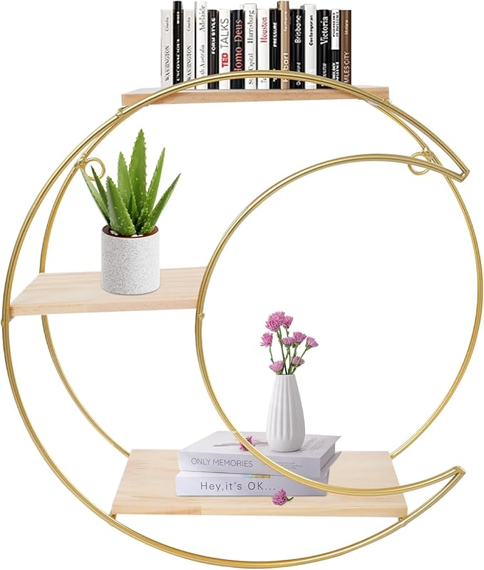 Floating Shelves Wall Mounted, 3-Tier Storage Display Rack Storage Display Rack Metal Wall Mount Display Organizer Holder for Home Decor,Gold (1, Round+ Moon)