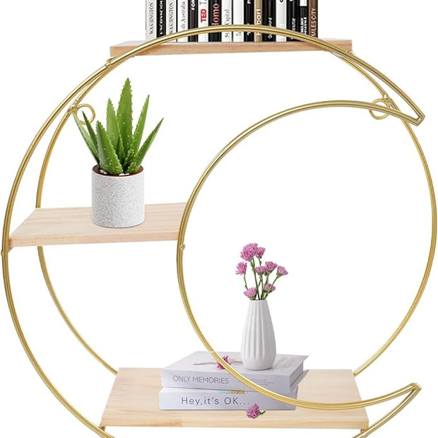Floating Shelves Wall Mounted, 3-Tier Storage Display Rack Storage Display Rack Metal Wall Mount Display Organizer Holder for Home Decor,Gold (1, Round+ Moon)