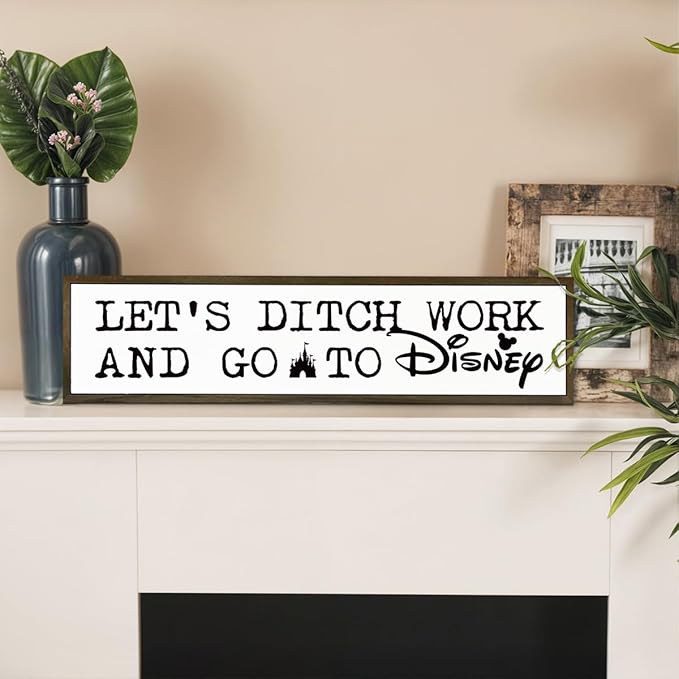 WKYAER Funny Work Decor Sign, Decorative Wooden Table Signs, Wall Decor Art, Humorous Office Decoration, Wooden Box Signs for Home Decors, Coworker Bestie Gift, Let's Ditch Work and Go to Disney Sign