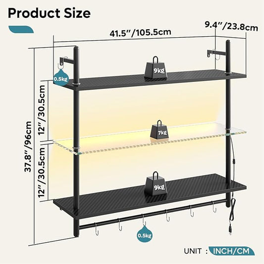 Bestier Gaming LED Floating Shelves for Wall, 41" Wall Mounted Shelf Pipe Glass Shelves, 3 Tier Hanging Display Rack with 8 S-Hooks Towel Bar, Kitchen Gaming Room Wall Decor, Carbon Fiber Black