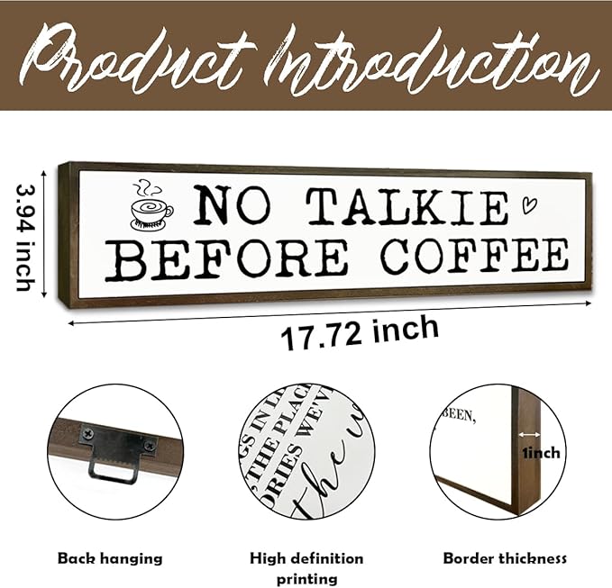 Coffees Wood Sign, Rustic Coffees Decoration, Country Farmhouse Decoration for Home Kitchen, Funny Coffee Station Decor, No Talk Before Coffee Sign, 17.8x4x1.2 inches