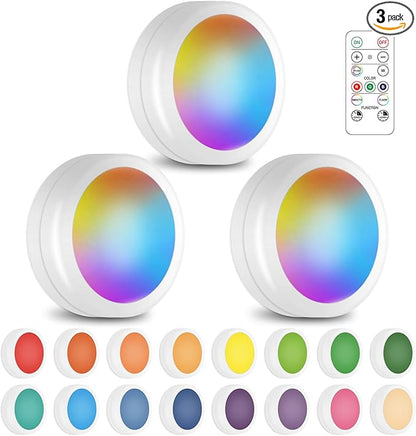 Wireless 16 Color Changing LED Puck Light 3 Pack LED Under Cabinet Lighting Closet Light Battery Powered Night Lights with Remote Control Dimmer & Timing Function