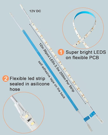 Cefrank LED Under Shelf Lighting Kit, (8) Linkable 12-Inch Light Strips Set, 20W 2000lm Daylight White, Flexible & Durable for Bookcases, Cabinets, Pantries, Showcase, Closet (Cool White)