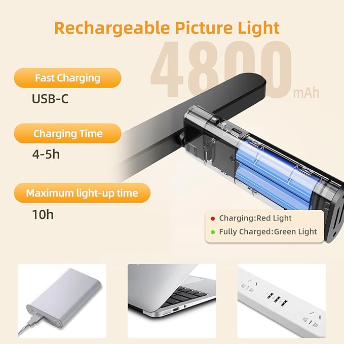 Picture Lights for Wall Battery Operated 4800mAh, 10inch Rechargeable Display Light with Remote/Rotatable, Dimmable/3CCT LED Art Cordless Lamp for Painting/Gallery Artwork/Portraits/Phote/Frame/Poster