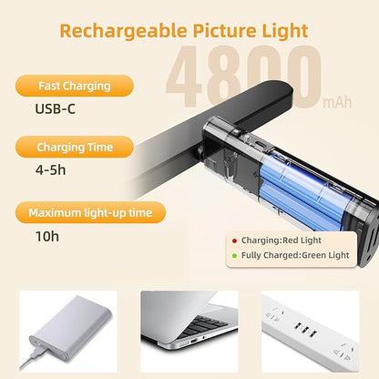 Picture Lights for Wall Battery Operated 4800mAh, 10inch Rechargeable Display Light with Remote/Rotatable, Dimmable/3CCT LED Art Cordless Lamp for Painting/Gallery Artwork/Portraits/Phote/Frame/Poster