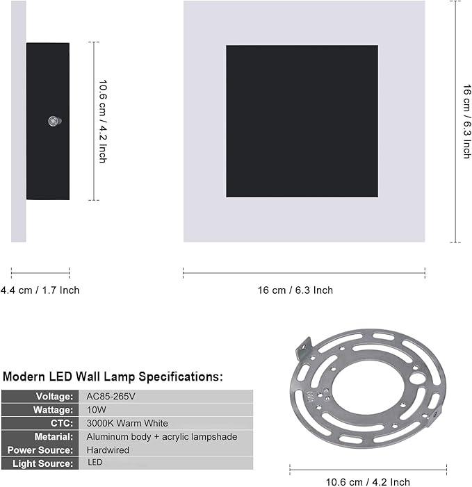 Kawell 10W Square Acrylic LED Wall Sconce Non-Dimmable Hardwired Black Wall Light Fixture for Bedroom, Living Room, Hallway Indoor Lighting, 3000K