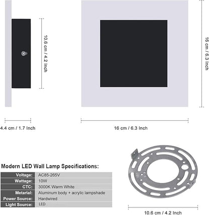 Kawell 10W Square Acrylic LED Wall Sconce Non-Dimmable Hardwired Black Wall Light Fixture for Bedroom, Living Room, Hallway Indoor Lighting, 3000K