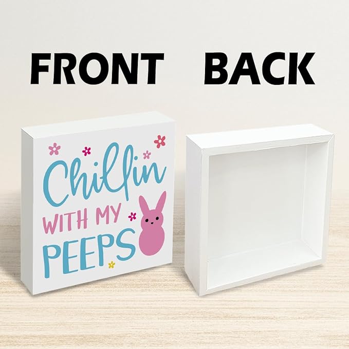 Easter Decorations for Home Chillin With My Peeps Wooden Sign, Funny Bunny Spring Porch Decor, Easter Desk Table Decorations, Farmhouse Front Door Wall Plaque, Holiday Party Supplies