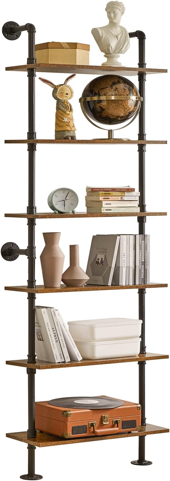 YMYNY Industrial Pipe Ladder Shelf, 6-Tier Wall Mounted Bookcase with Metal Frame, 78.7