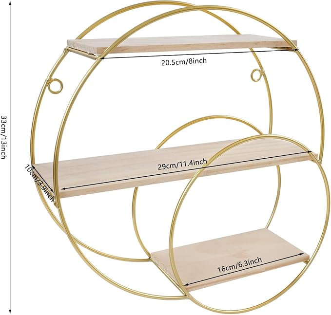 Floating Shelves Wall Mounted, 3-Tier Storage Display Rack Storage Display Rack Metal Wall Mount Display Organizer Holder for Home Decor,Gold (1, Round)