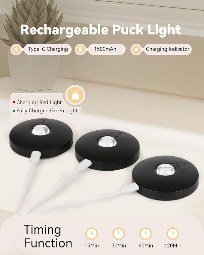 Rechargeable RGB Puck Lights with Remote Control, 1500mAh Battery Operated Push Lights, Dimmable & Timer Under Cabinet Lighting for Closet, Bedroom, Kitchen Black 12Pcs