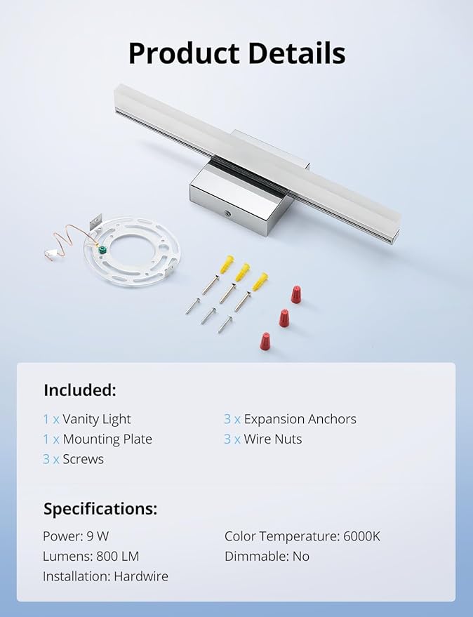 Combuh Modern Bathroom Light Fixtures Over Mirror, 16 Inch IP44 9W Chrome Vanity Light Bar for Bathroom, Wall Light Fixtures Cool White 6000K