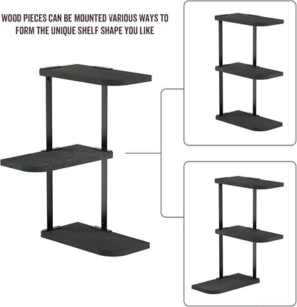 Love-KANKEI Corner Shelf Wall Mount of 3 Tier Rustic Wood Floating Shelves for Bedroom Living Room Bathroom Kitchen Office and More Black