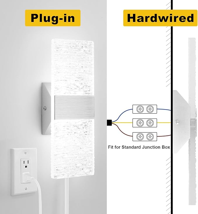 Plug in Wall Sconces with Adjustable 3000K-6500K Colors & 10%-100% Brightness, Sconces Wall Decor Set of 2 with Remote Control, 12W Acrylic LED Plug in Wall Light (2 Pack, Corrugated Finish)