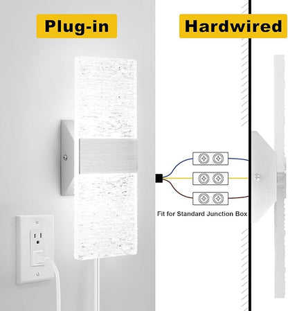 Plug in Wall Sconces with Adjustable 3000K-6500K Colors & 10%-100% Brightness, Sconces Wall Decor Set of 2 with Remote Control, 12W Acrylic LED Plug in Wall Light (2 Pack, Corrugated Finish)