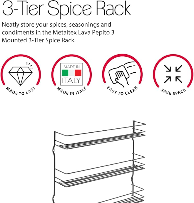 Metaltex Pepito 3-Tier Spice Rack – Wall-mounted Kitchen Storage Shelf for Seasonings and Condiments - Polytherm Lava, 36 x 8 x 32 Centimeters