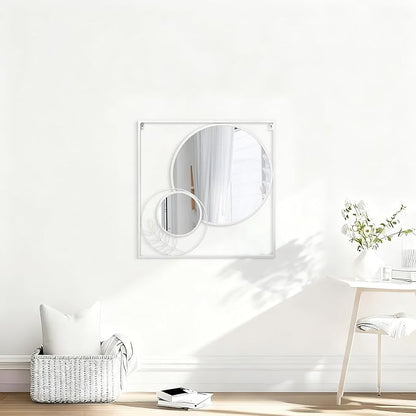 White Circle Wall Mirror, Square Wall Mounted Mirror Set Round Modern Art Decorative Mirrors for Living Room Bathroom 24x24 Inch Decor