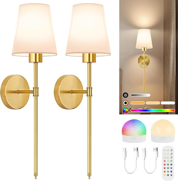 TISLYCO Battery Operated Wall Sconces Set of 2, Gold Rechargeable Wall Lamps with 2500mAh Magnet Detachable Dimmable Remote Bulbs,12 RGB Colors & 3 Color Temperatures Wireless Wall Lights for Bedroom