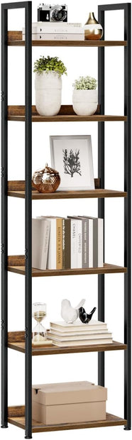 NUMENN Narrow Bookshelf, 6 Tier Bookshelves, Home Office Bookcase Shelf Storage Organizer, Free Standing Storage Shelving Unit for Bedroom, Living Room and Home Office, Vintage