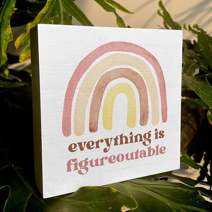 Motivational Rainbow Artwork Wood Box Sign Rustic Farmhouse Style Everything Is Figureoutable Wood Block Plaque 5 X 5 Inches Home Office Desk Sign Decor for Presents