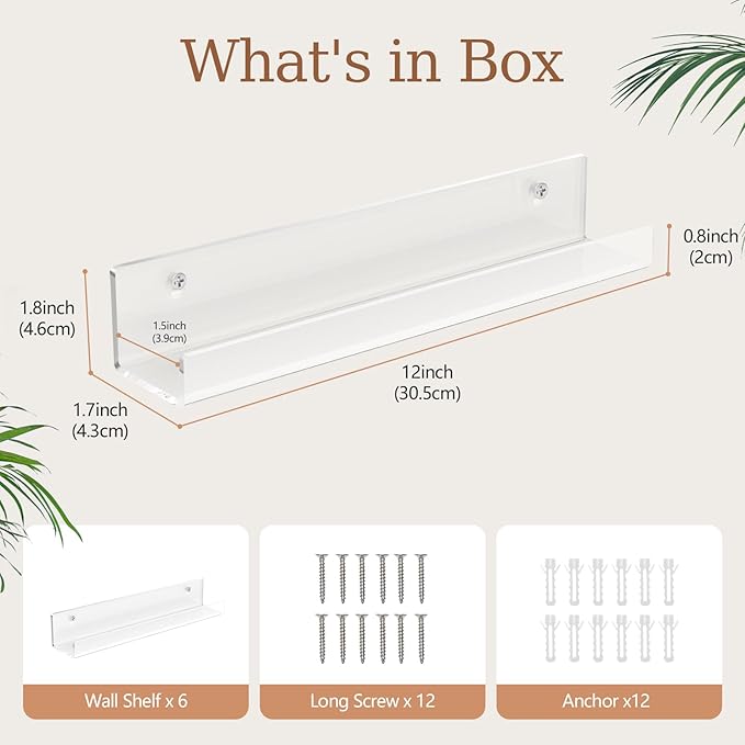 6 Pack 12Inch Vinyl Wall Mount Shelves, Crystal-Clear Acrylic Floating Wall Shelves, Vinyl Holder, Record Storage, Wall Display, Magazine Holder, Album Display