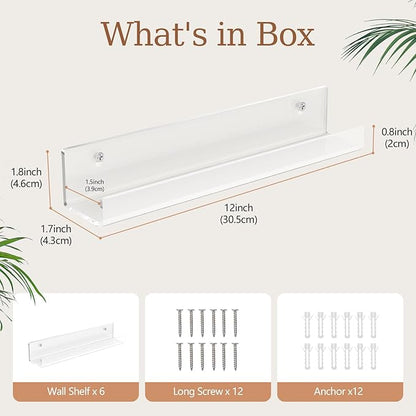 6 Pack 12Inch Vinyl Wall Mount Shelves, Crystal-Clear Acrylic Floating Wall Shelves, Vinyl Holder, Record Storage, Wall Display, Magazine Holder, Album Display