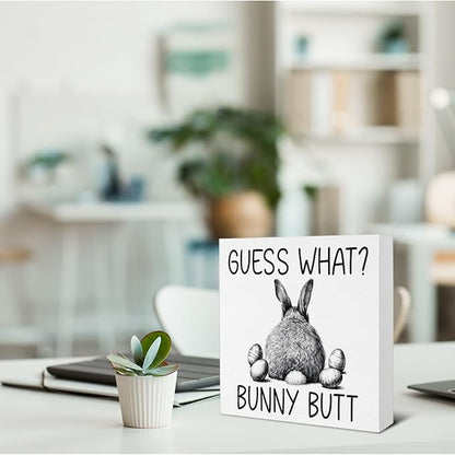 Easter Bathroom Decor - Easter Decorations for Home - Funny Bunny Wooden Sign Home Bathroom Toilet Desk Table Shelf Decor - 5 x 5 Inches