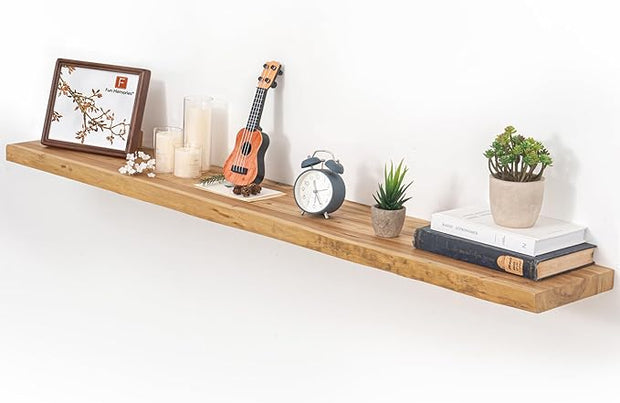 Floating Shelves for Wall, 55"x9.3" Rustic Solid Live-Edge Elm Wood Wall Shelves, Heavy-Duty Floating Shelves with Invisible Brackets for Living Room, Bedroom, and Kitchen, Natural Finish