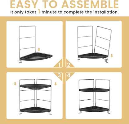 2-Tier Bathroom Organizer Countertop Corner - Makeup Organizer Cosmetic Perfume Holder Bedroom Storage Shelf or Kitchen Spice Rack (Chrome + Black)