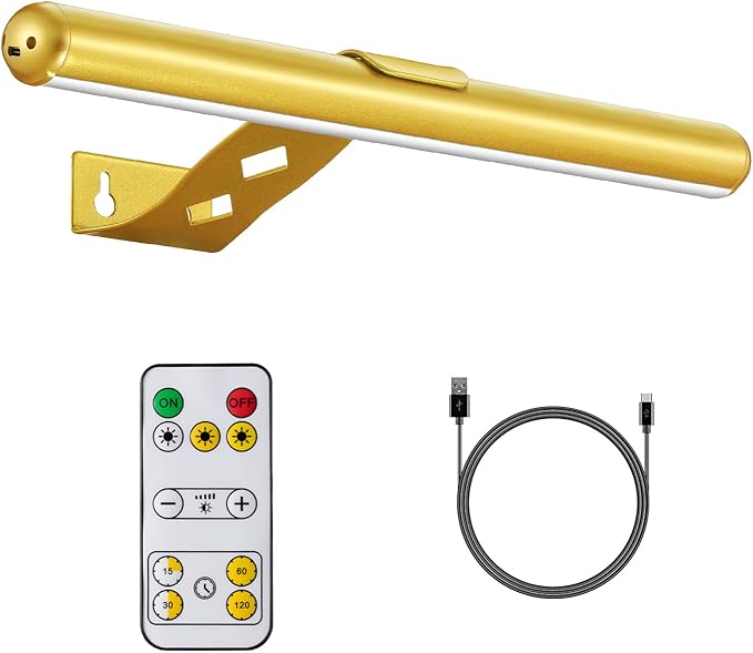 Wireless Picture Light Battery Operated,Rechargeable Painting Light with Remote Control, Metal Art Light Dimmable Display Lamp,3 Modes with Timer for Frame Dartboard Gallery,300LM, Gold