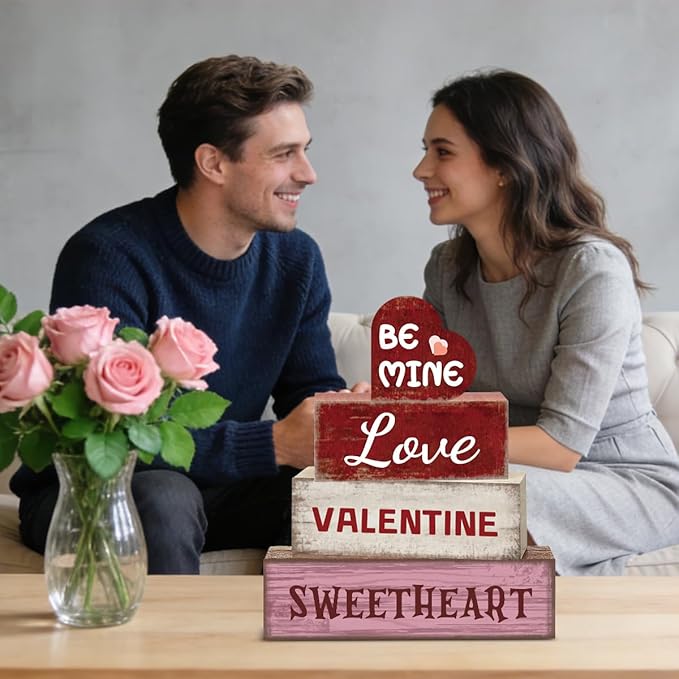 4 Pcs Pink Valentines Day Decorations for Home Happy Valentines Day Tier Tray Decor Love Valentine Sweetheart Sign Farmhouse Decorations for Home Office Tabletop Centerpieces