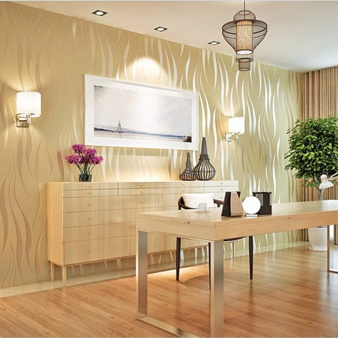 Q QIHANG Simple Fashionable Non-Woven Wallpaper 3D Embossed Three-Dimensional Flocking Foaming Wave Stripes Bedroom Living Room TV Background Wall Shop Decoration20.87 Wx393.7 L Non-Pasted (Beige)
