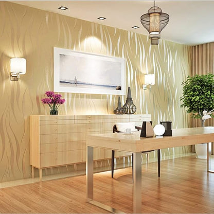 Q QIHANG Simple Fashionable Non-Woven Wallpaper 3D Embossed Three-Dimensional Flocking Foaming Wave Stripes Bedroom Living Room TV Background Wall Shop Decoration20.87 Wx393.7 L Non-Pasted (Beige)