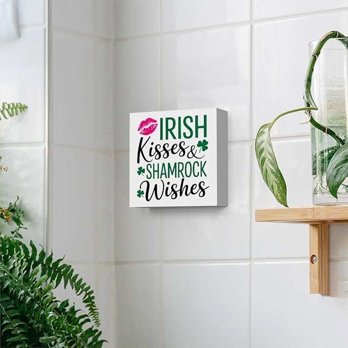 Irish Blessing Kisses Decor St Patricks Day Decorations Rustic Wood Sign Home Tabletop Shelf Desk Decor St Patrick's Day Decorations 5 X 5 Inches