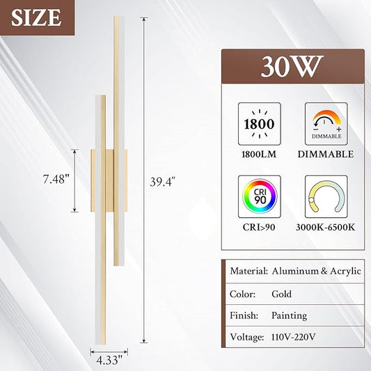 LED Wall Sconce Gold Modern Remote Wall Light Fixtures for Living Room, Dimmable LED Vanity Light Indoor Remote Wall Sconce for Bedside Bedroom Bathroom Dining Room, 39.4inch 1 Pack