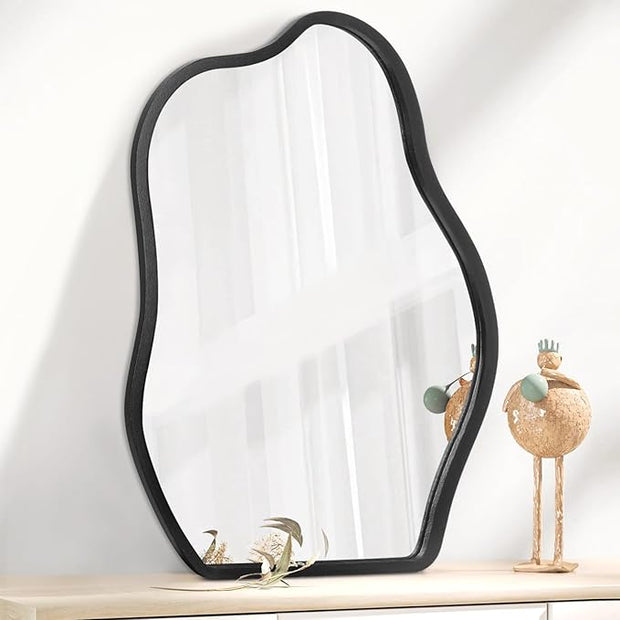 Asymmetrical Wall Mirror with Wood Frame Irregular Modern Hanging Mirror for Wall for Vanity Living Room Bedroom Bathroom Entryway Hallway Modern Unique Decorative Artistic Mirror
